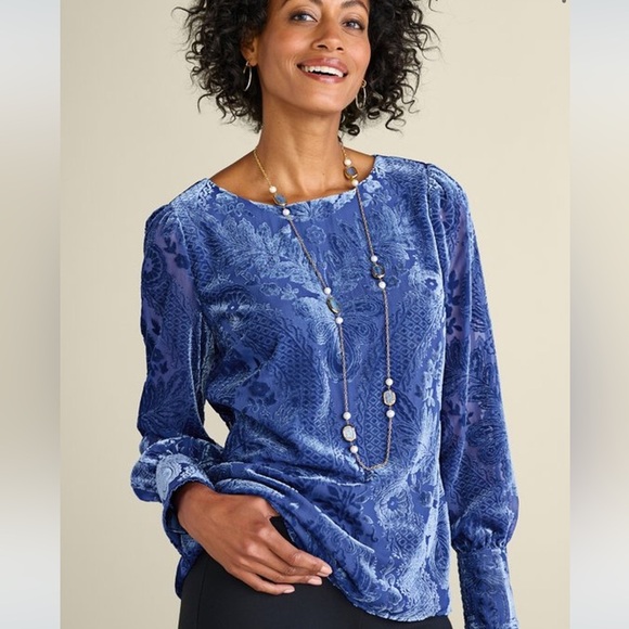 🆕Soft Surroundings Vanetta Velvet Top Sapphire Blue Velvet Floral Top 1X NWT - Picture 5 of 16